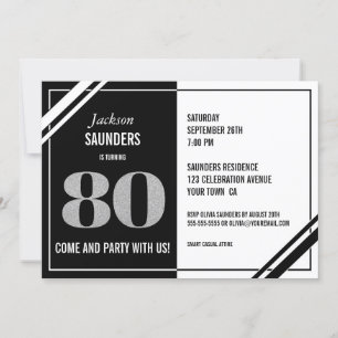 Modern Black White 80th Birthday Party Invitation
