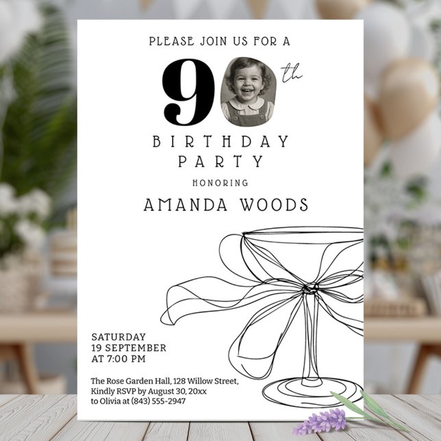 Modern black white 90th birthday party with photo invitation (Creator Uploaded)