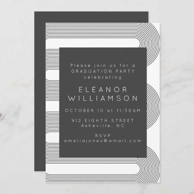 Modern Black White Abstract Line Graduation Party Invitation (Front/Back)