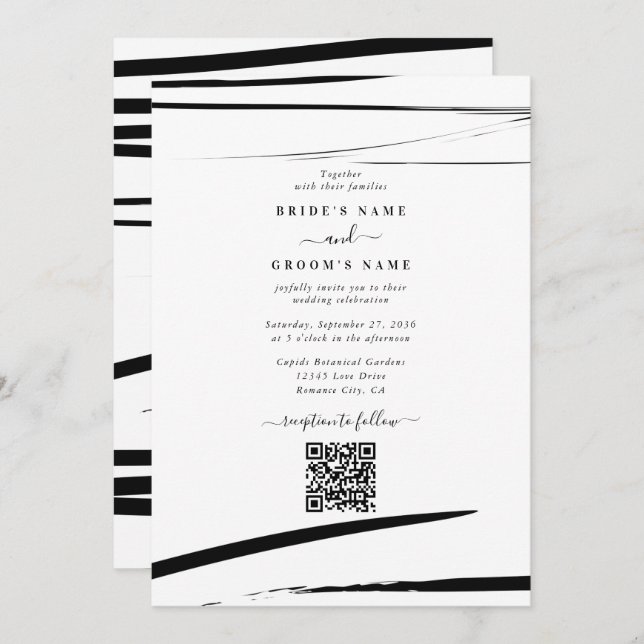 Modern Black White Abstract QR Code Wedding Invitation (Front/Back)