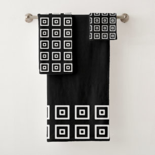 Modern Black & White Abstract Squares on Black Bath Towel Set