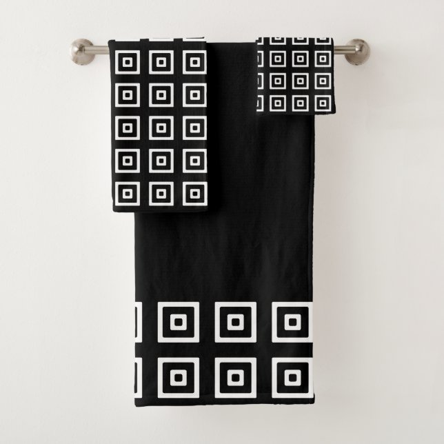 Modern Black & White Abstract Squares on Black Bath Towel Set (Insitu)
