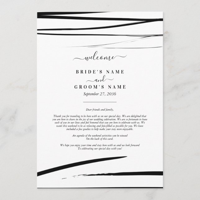 Modern Black White Abstract Wedding Itinerary Programme (Front)