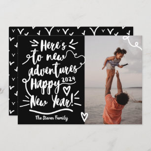 Modern black white adventure New Year photo Holiday Card