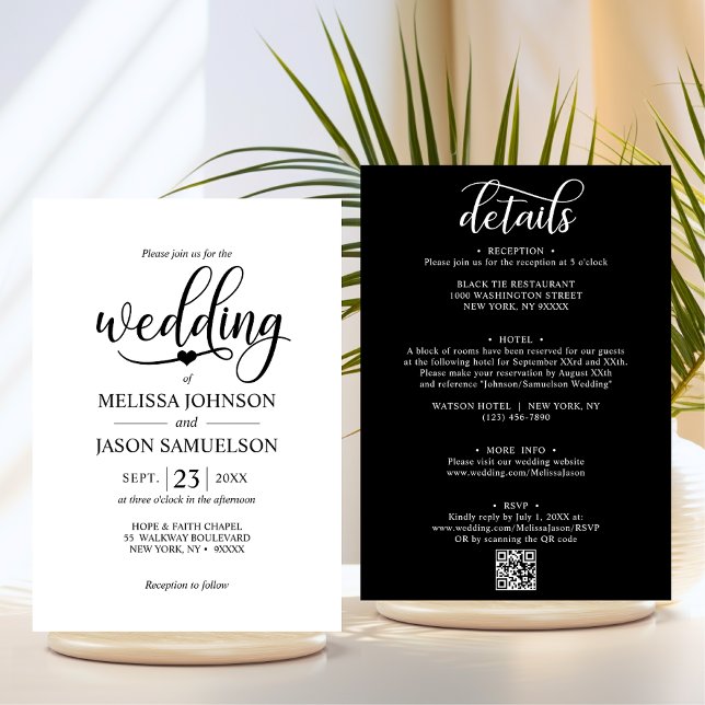 Modern Black White ALL IN ONE Wedding + QR code Invitation (Modern Black White ALL IN ONE Wedding + QR code Invitation | Details, Information, RSVP, Hotel)