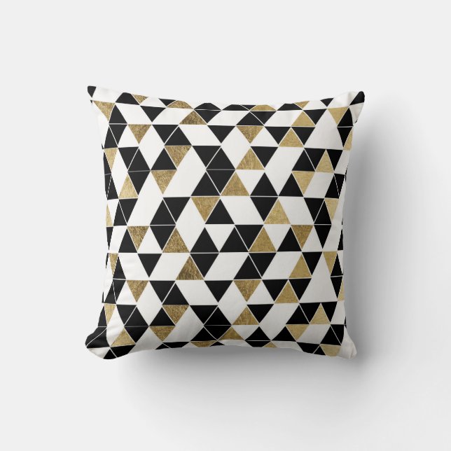 Modern Black, White, and Faux Gold Triangles Cushion (Front)