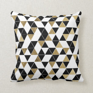 Modern Black, White, and Faux Gold Triangles Cushion