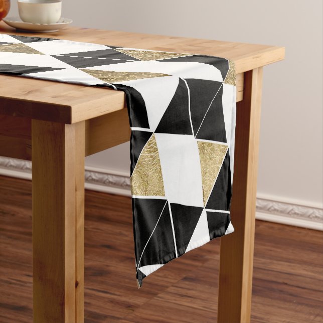 Modern Black, White, and Faux Gold Triangles Short Table Runner (In Situ)