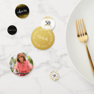 Modern Black White and Gold 50 and Fabulous Confetti