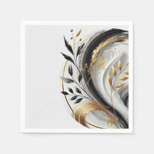 Modern Black White and Gold Botanical Napkin (Front)
