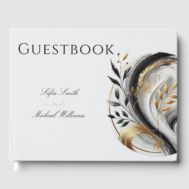 Modern Black White and Gold Botanical Wedding Guest Book (Front)