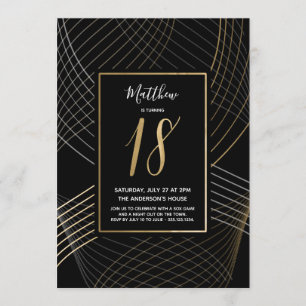 Modern Black, White and Gold Eighteenth Birthday Invitation