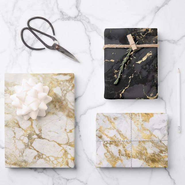 Modern Black, White and Gold Marble Pattern Wrapping Paper Sheet (Front)
