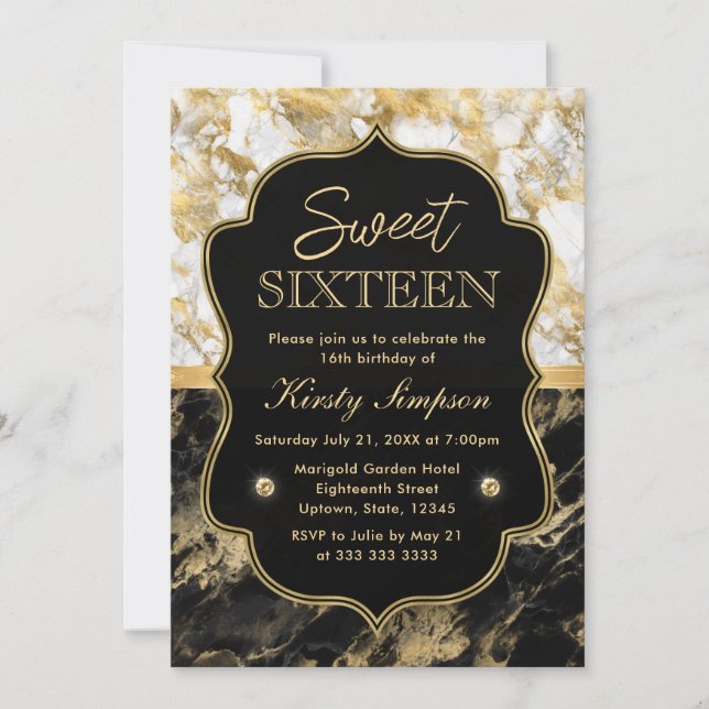 Modern Black, White and Gold Marble Sweet 16 Invitation (Front)