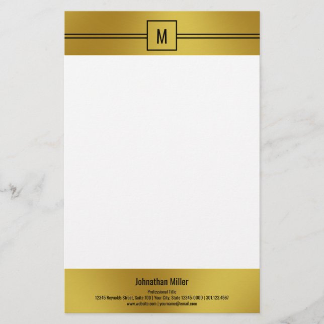 Modern Black White and Gold Monogram Template Stationery (Front)