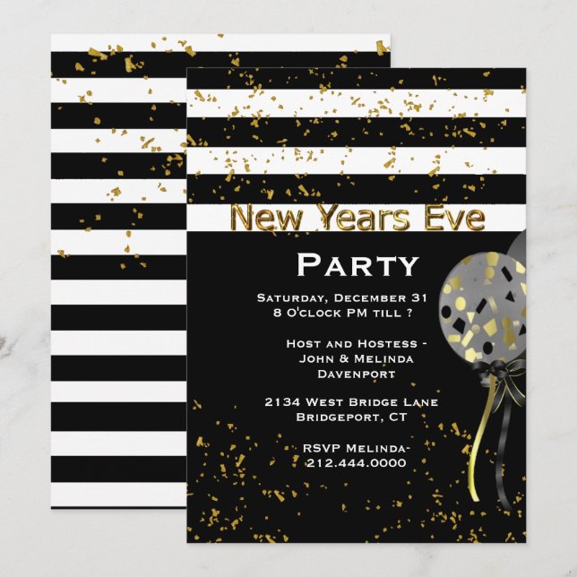 Modern Black, White and Gold New Years Eve Party Invitation (Front/Back)