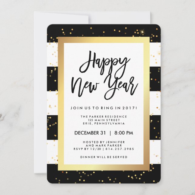 Modern Black White and Gold New Year's Eve Party Invitation (Front)