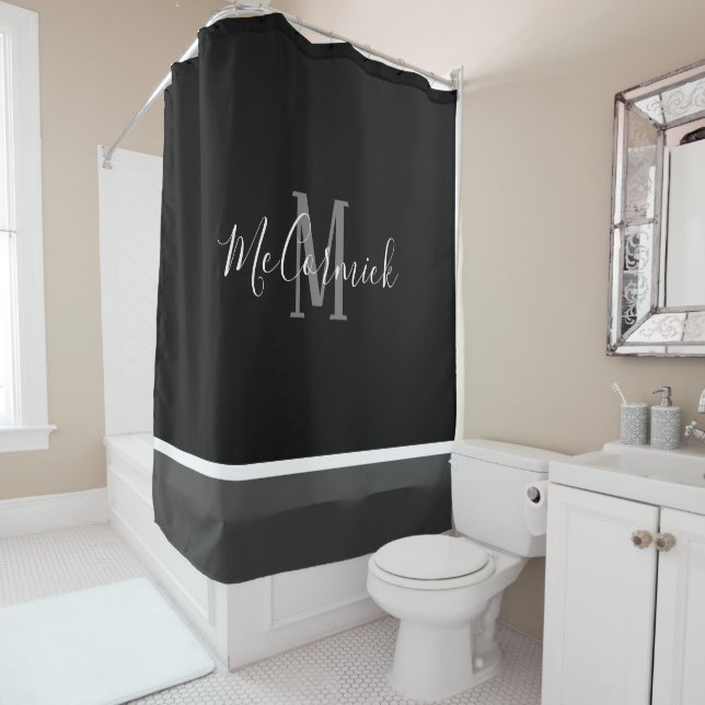Modern Black White And Grey Striped Monogram Name Shower Curtain (In Situ)