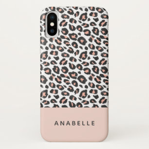 Modern black, white and peach animal leopard print iPhone x case