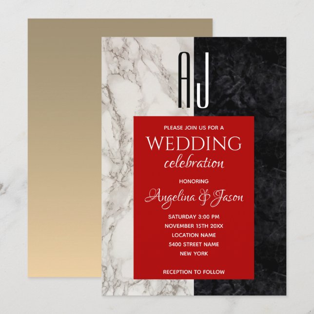 Modern Black White and Red Wedding Invitation (Front/Back)