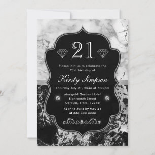Modern Black, White and Silver Marble Birthday Invitation