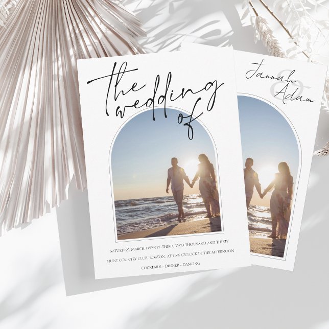 Modern Black White Arch Initial Photo Wedding Invitation (Creator Uploaded)