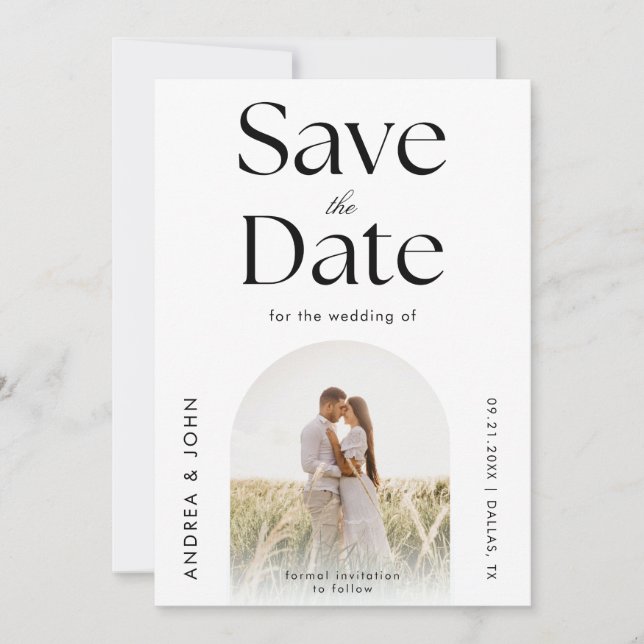 Modern Black & White Arch Photo Clean Plain Layout Save The Date (Front)