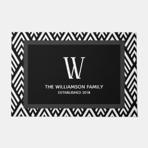 Modern Black & White Art Deco Arrows & Family Name Doormat