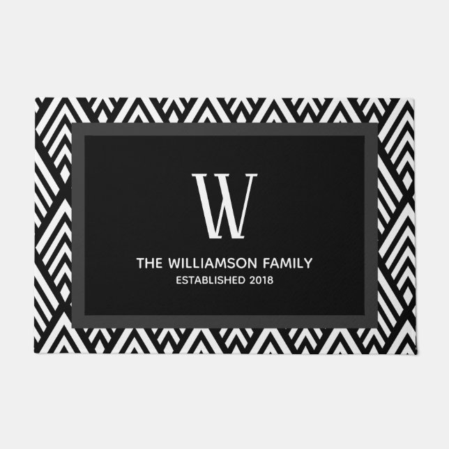 Modern Black & White Art Deco Arrows & Family Name Doormat (Front)