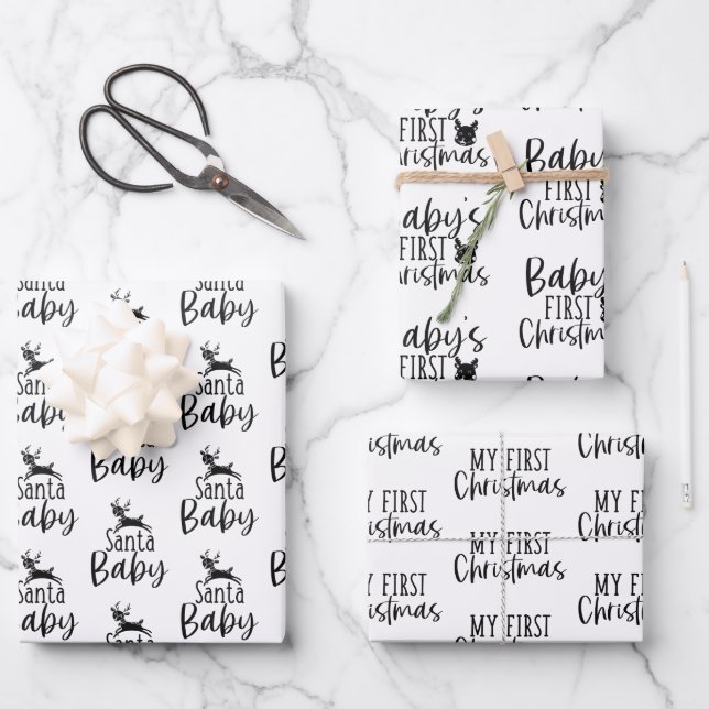 Modern Black & White Baby First Christmas Gift Wrapping Paper Sheet (Front)
