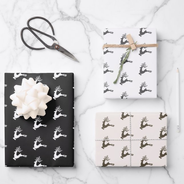 Modern Black White Beige Nordic Christmas Deer  Wrapping Paper Sheet (Front)
