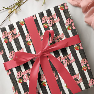 Modern Black White Berry First Birthday Strawberry Wrapping Paper