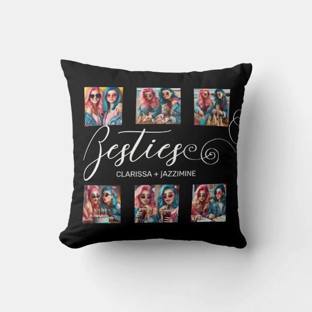 Modern Black White Bestie 12 Photo Collage Cushion (Front)