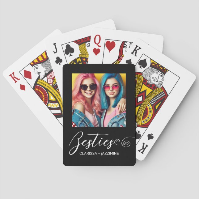 Modern Black White Bestie 2 Photo Personalised Playing Cards (Back)