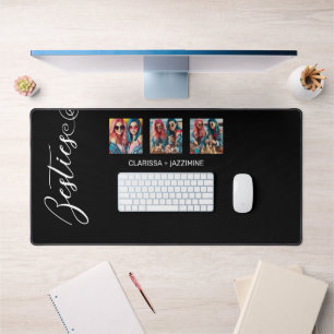 Modern Black White Bestie 3 Photo Collage Desk Mat