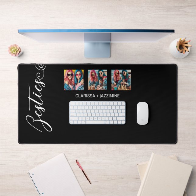 Modern Black White Bestie 3 Photo Collage Desk Mat (Office 1)