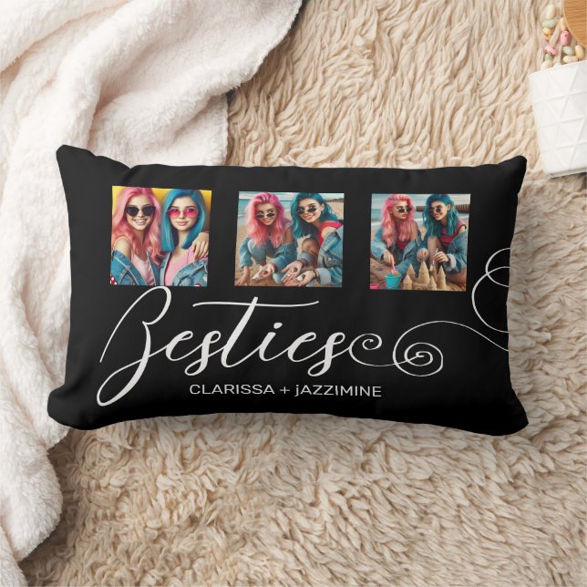 Modern Black White Bestie 3 Photo Collage Lumbar Cushion (Blanket)