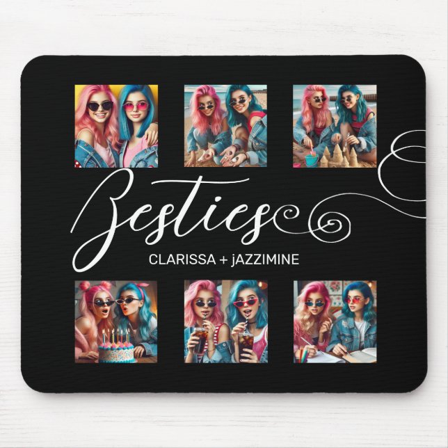 Modern Black White Bestie 6 Photo Collage Mouse Mat (Front)