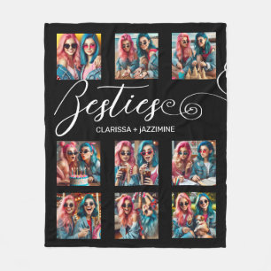 Modern Black White Bestie 9 Photo Collage Fleece Blanket