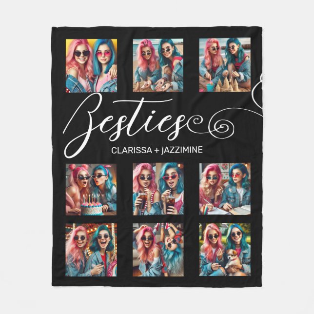 Modern Black White Bestie 9 Photo Collage Fleece Blanket (Front)
