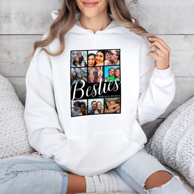 Modern Black & White Bestie 9 Photo Collage Hoodie (Creator Uploaded)
