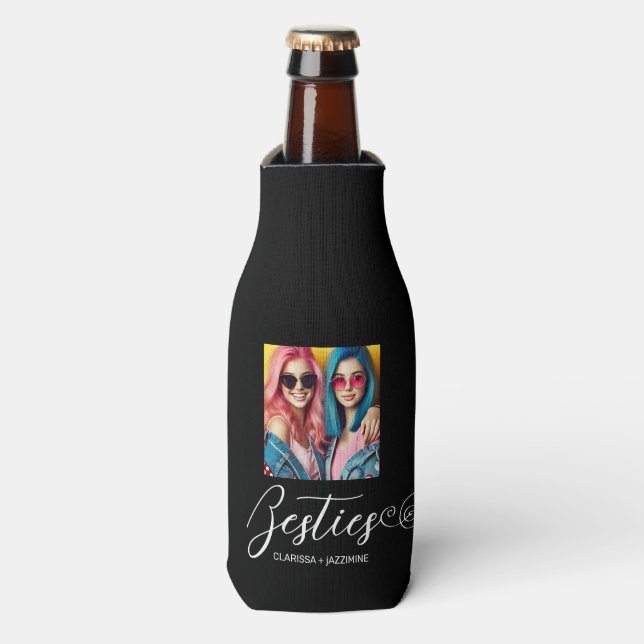 Modern Black White Bestie Photo Personalised Bottle Cooler (Bottle Front)
