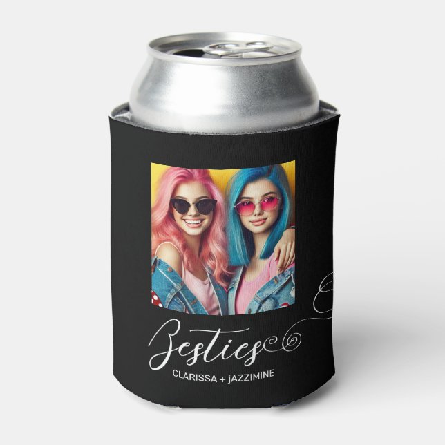 Modern Black White Bestie Photo Personalised Can Cooler (Can Front)