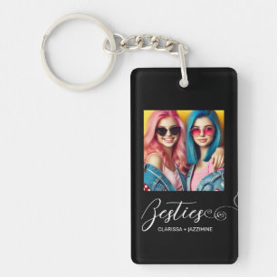 Modern Black White Bestie Photo Personalised Key Ring