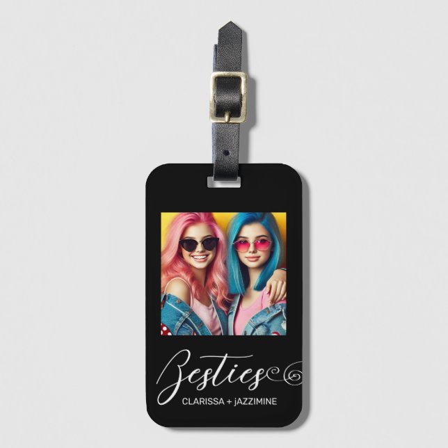 Modern Black White Bestie Photo Personalised Luggage Tag (Front Vertical)