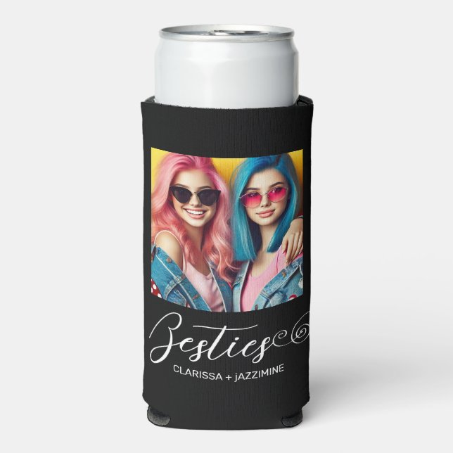 Modern Black White Bestie Photo Personalised Seltzer Can Cooler (Seltzer Front)