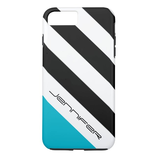 Modern Black, White, Blue Stripe Personalised Name Case-Mate iPhone Case (Back)