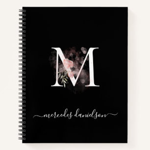 Modern Black White Blush Pink Floral Monogrammed Notebook
