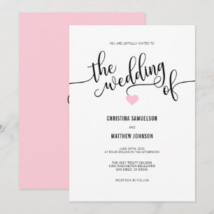 Modern Black White Blush PINK Heart Wedding Invitation