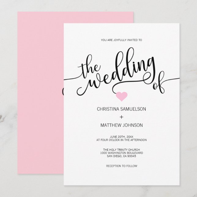 Modern Black White Blush PINK Heart Wedding Invitation (Front/Back)